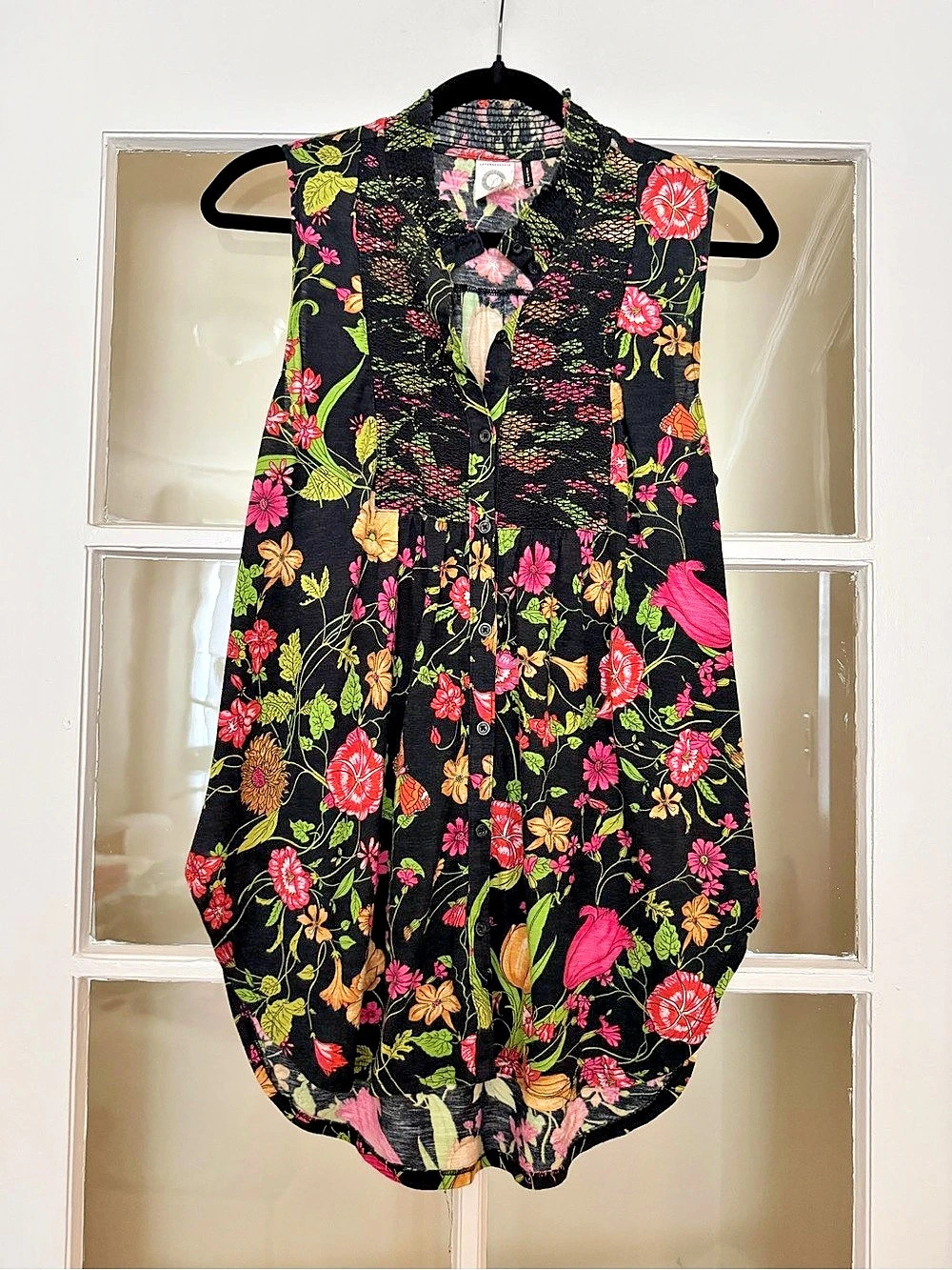 Anthropologie Maeve Smocked Button-Front Top Floral Blouse